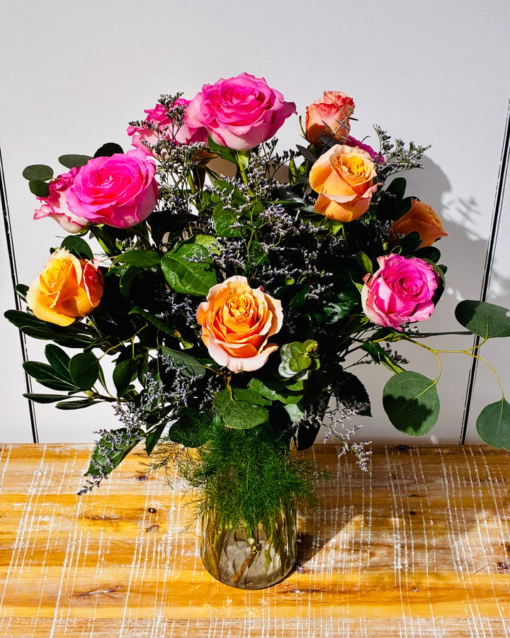 Mixed Dozen Roses Floral Arrangement