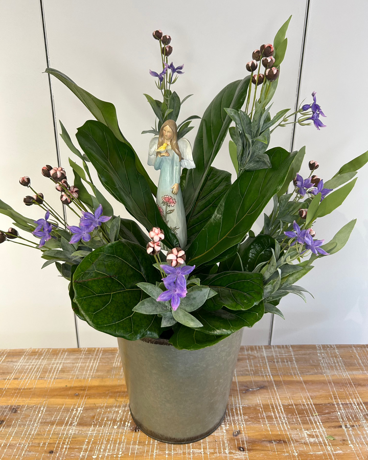 Large Indoor House Plant in Keepsake Container with Angel Figurine